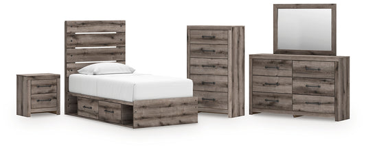 Graystorm Twin Panel Bed with Storage, Dresser, Mirror, Chest and Nightstand