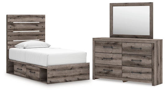 Graystorm Twin Panel Bed with Storage, Dresser and Mirror