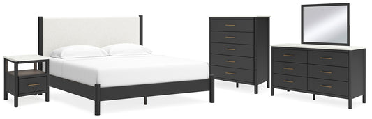 Cadmori King Upholstered Panel Bed, Dresser, Mirror, Chest and Nightstand