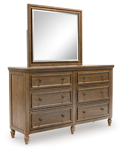 Sturlayne Queen Upholstered Panel Bed with Mirrored Dresser