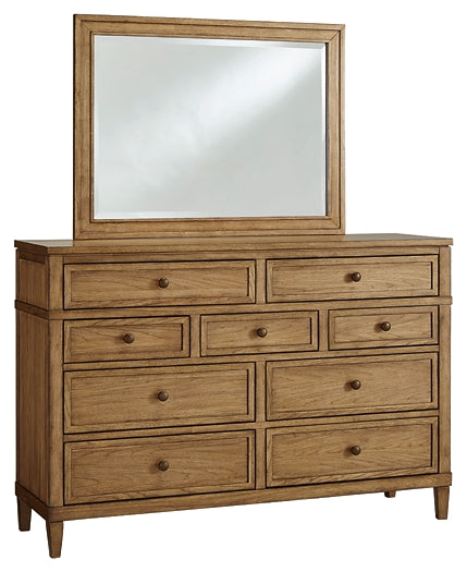 Sharlance California King Upholstered Panel Bed, Dresser and Mirror