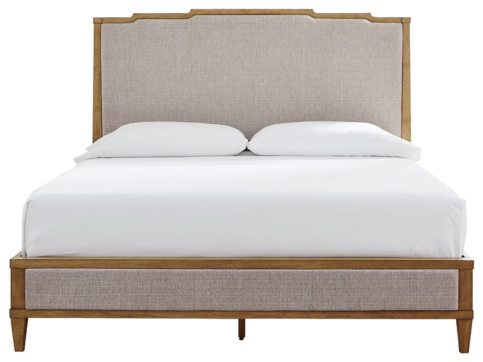Sharlance California King Upholstered Panel Bed, Dresser and Mirror