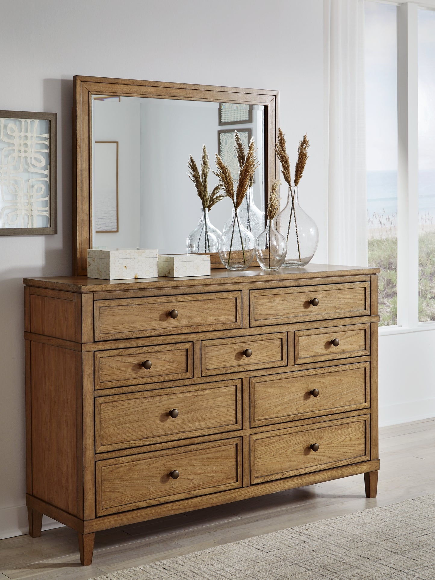 Sharlance California King Upholstered Panel Bed, Dresser, Mirror, Chest and Nightstand