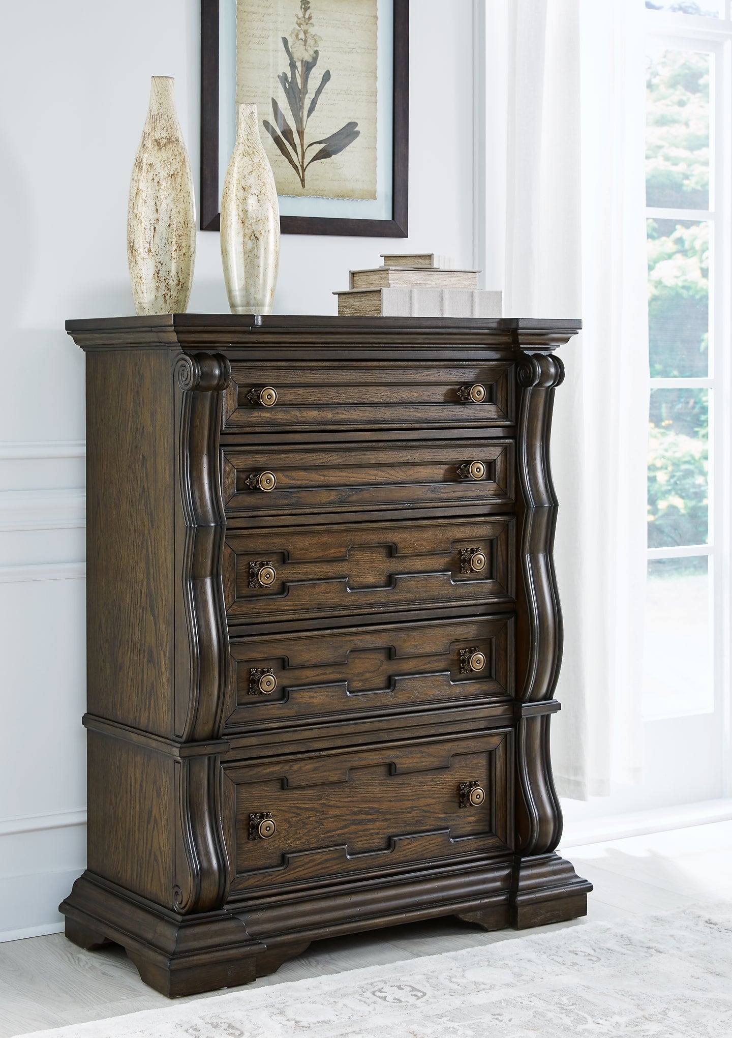 Maylee King Canopy Bed, Dresser, Mirror, Chest and Nightstand