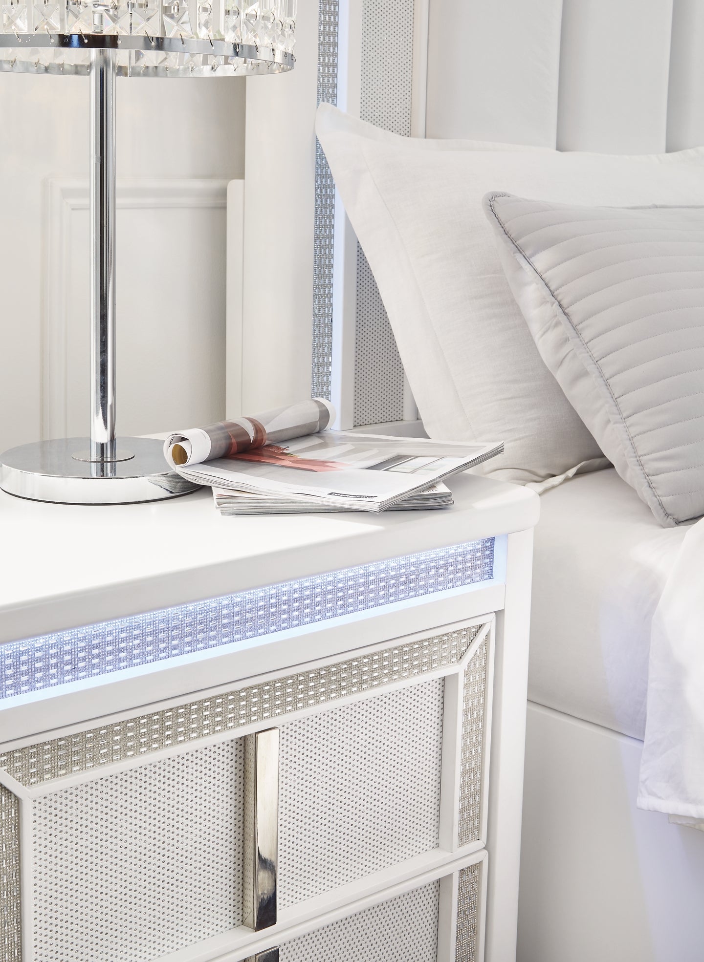 Chalanna King Upholstered Storage Bed, Dresser, Mirror, Chest and Nightstand