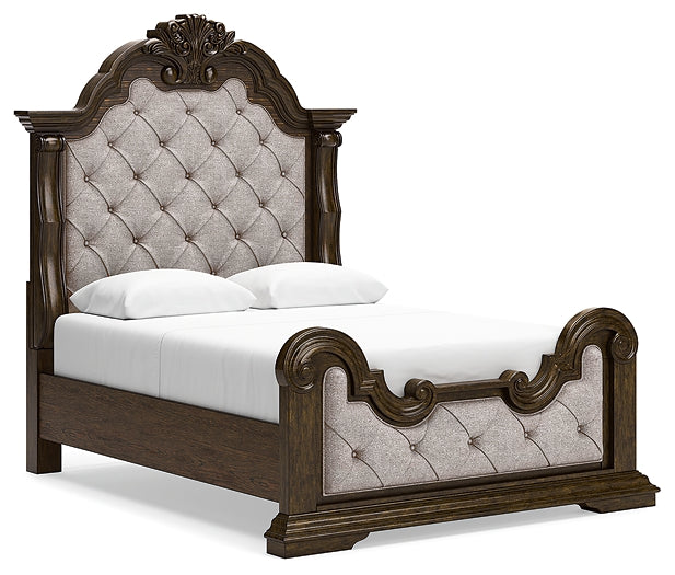 Maylee Queen Upholstered Bed, Dresser, Mirror, Chest and Nightstand