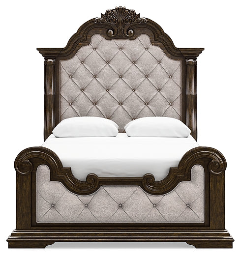 Maylee Queen Upholstered Bed, Dresser, Mirror, Chest and Nightstand