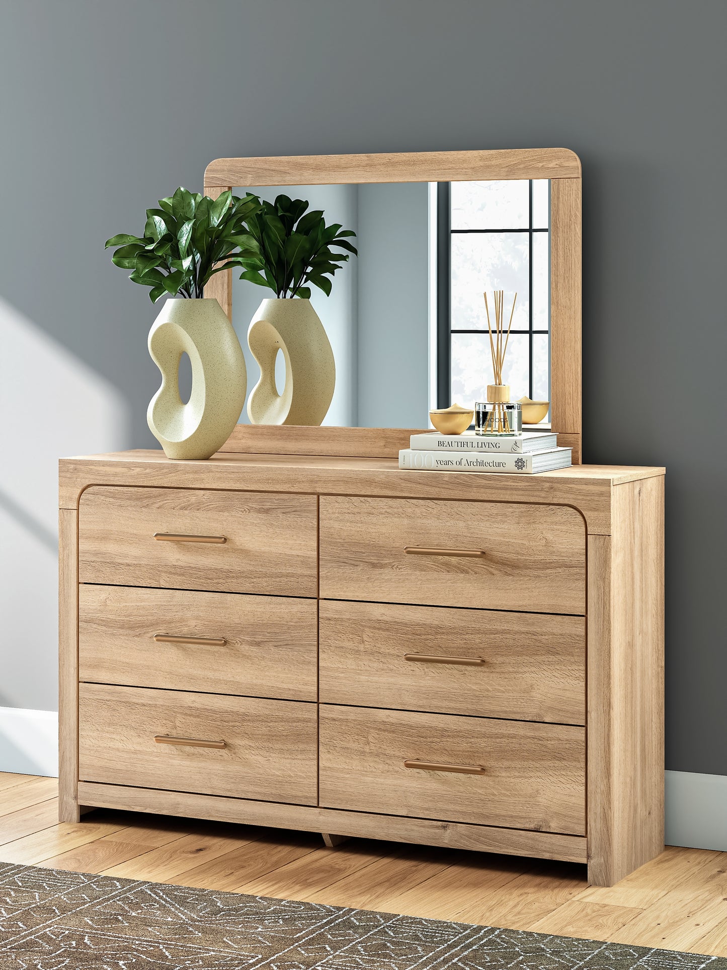 Kinlanni King Upholstered Panel Bed, Dresser, Mirror and Nightstand