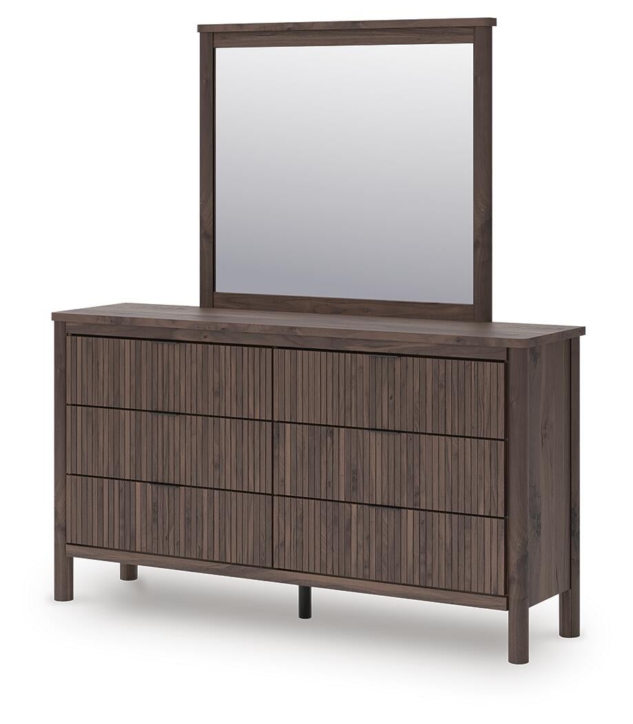 Pamytta Queen Upholstered Panel Bed, Dresser and Mirror