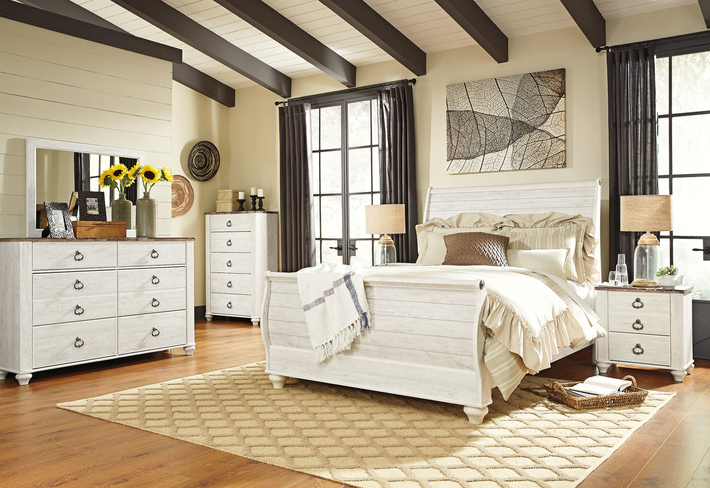 Willowton  Sleigh Bed With Mirrored Dresser, Chest And Nightstand