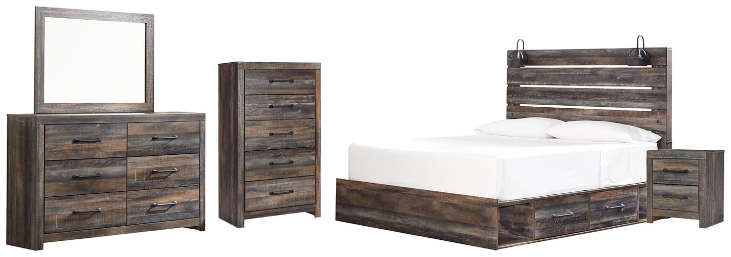 Drystan King Panel Bed with 2 Storage Drawers with Mirrored Dresser, Chest and Nightstand
