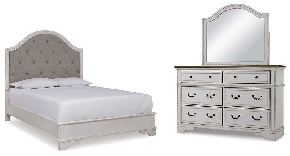 Brollyn Queen Upholstered Panel Bed with Mirrored Dresser