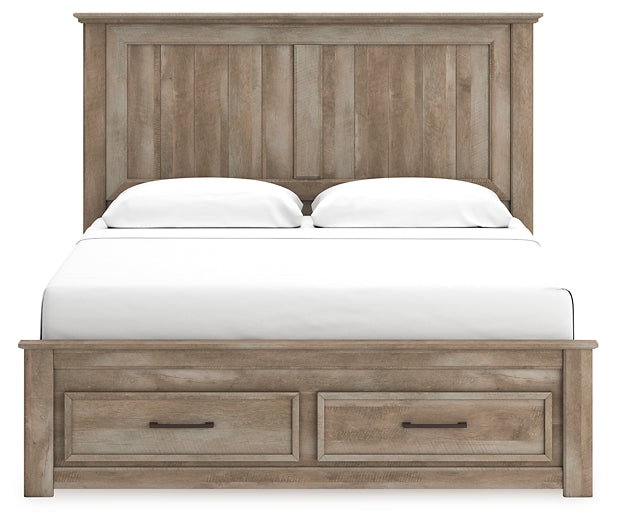 Yarbeck King Panel Bed with Storage with Mirrored Dresser and Chest