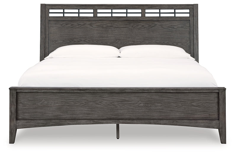 Montillan King Panel Bed with Mirrored Dresser and 2 Nightstands