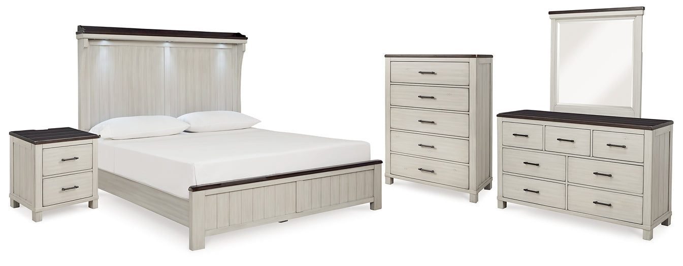 Darborn King Panel Bed with Mirrored Dresser, Chest and Nightstand